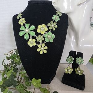 Statement Silver with Green Enamel Flowers Necklace and Clip Earrings Set